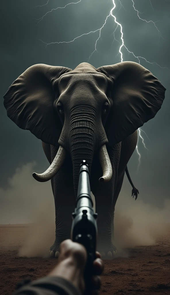 Gun and elephant in one frame,background black sky with thunder,dust flowing