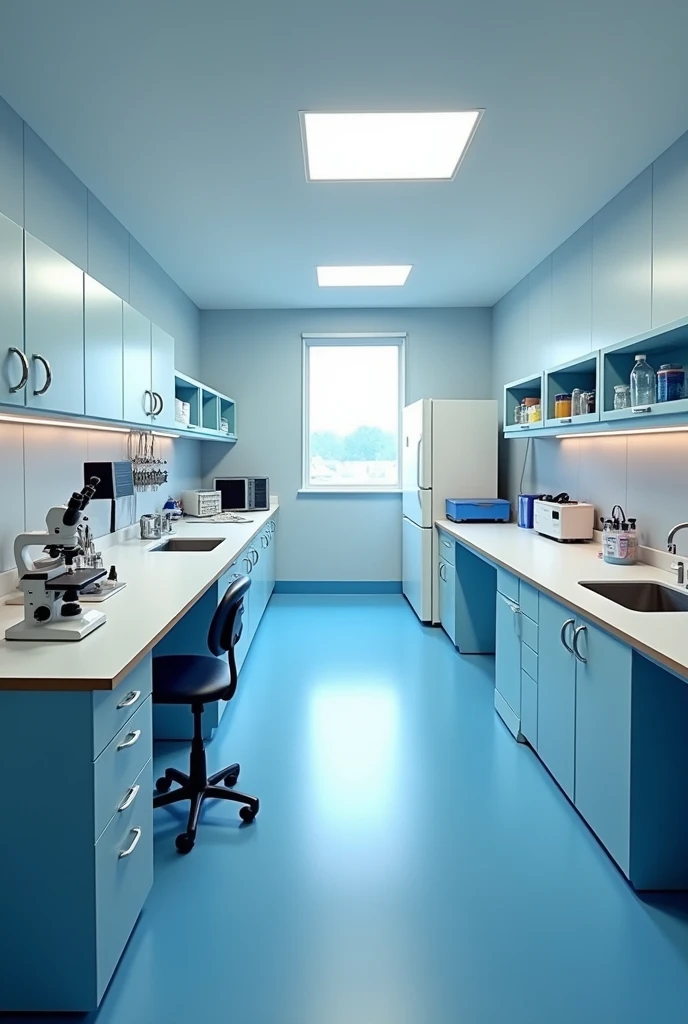 a room intended to be a bacteriology laboratory, should have: Safety cabin with cigarette lighter, 2 countertops, a washing area, an incubation oven, an electric autoclave, a microscope, shelves above and below, a refrigerator, a chair, a computer
