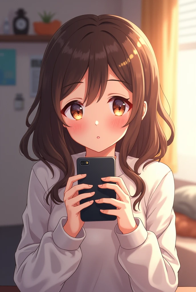 Anime girl with: brown hair , brown eyes , Closed , blushing and a phone on her room