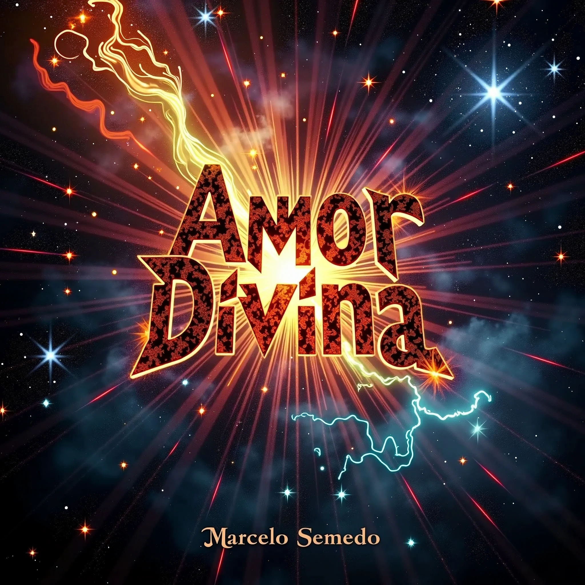 “Album cover art for ‘Amor Divina’ by Marcelo Semedo. The design features an intense, high-energy cosmic scene filled with vibrant, swirling galaxies and radiant stars. The universe is portrayed in full motion, with colors bursting and colliding aggressively. The artwork embraces a rustic and raw style, with textures that evoke a sense of unrefined power. A powerful aura surrounds the scene, blending divine energy with an untamed, primal force. The title ‘Amor Divina’ is integrated with a rough, glowing light, adding to the overall aggressive and dynamic atmosphere, capturing the essence of divine love fused with cosmic intensity.”

