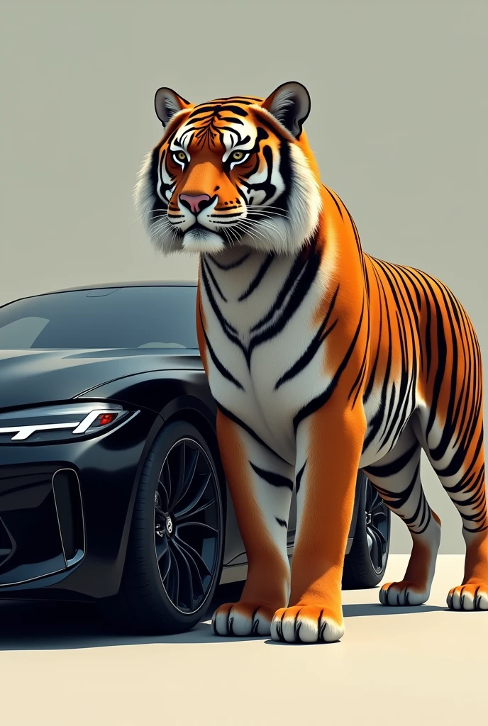 Tiger standing next to black bmw car full view