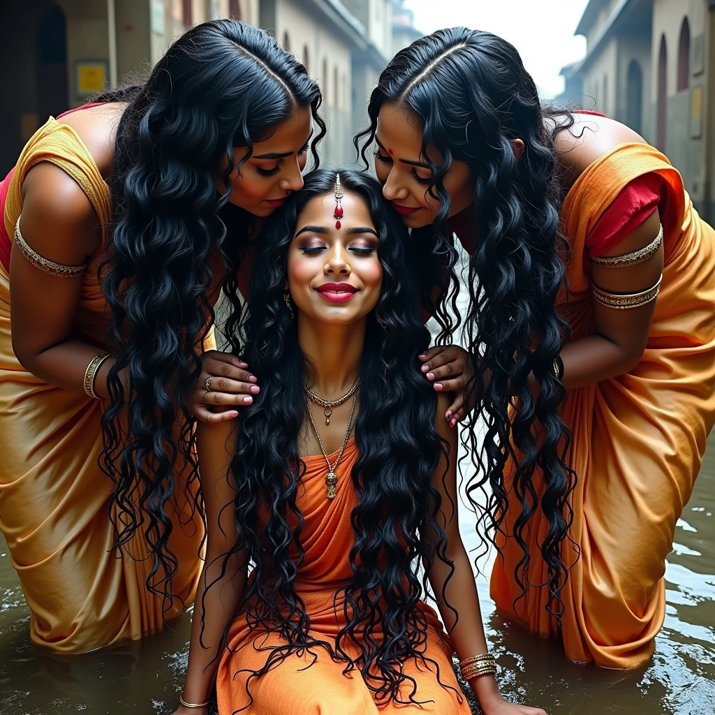 indian kali temple,three younger indian ladies in sarees,unnatural unreal wiered black 3c curly hairs like black springs, Showered highly wet hairs,Drenched and absorbed water in their hair,like hair flooded with 10000000000000000000000000000000000000000000 liters and soaked in thier hair,hairs like water pulp,Those hairs git pulpted and makes very thick hair curls like black warms on thier hairs,Their hairs got coiled with wetness,Shinning like mirrors stating big black springs,one lady kneeled down, other two bend over and licking head scalp of kneeled lady from behind, Like they raping kneeled lady' head scalp with kissing wildly