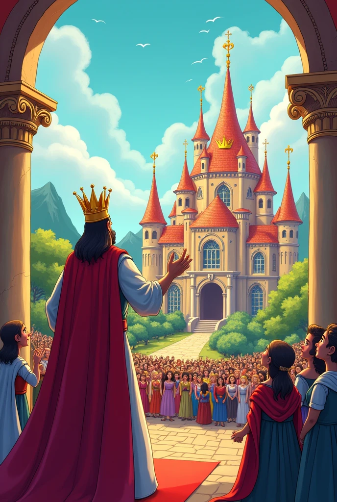 One day a king announced in his kingdom that whoever brings him the most valuable treasure in the world, he will make him the owner of half the kingdom cartoon image