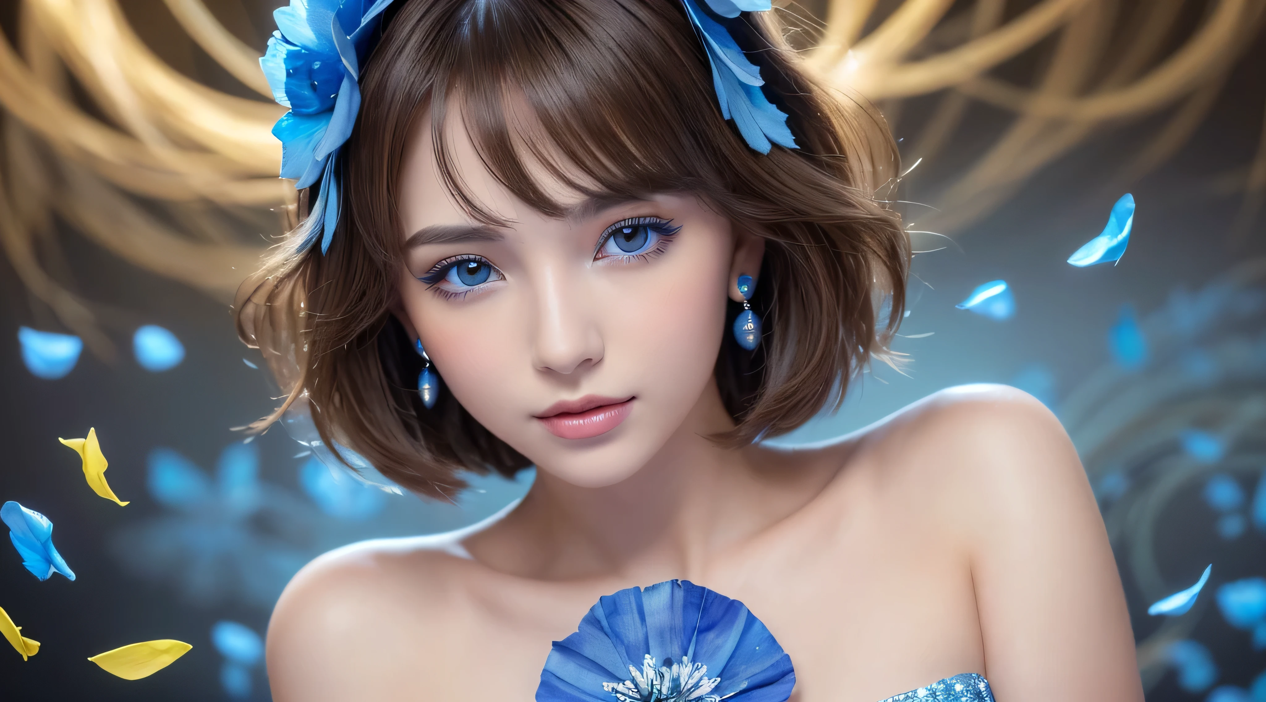 woman, Beautiful Face, perfection face, Full black hair, Pale white skin, 小さなsmile, sexy, perfection, Face zoom in, Shoot close to your face against a completely white background, 最high quality, detailed, Canon EOS 80D Photo, Tall face, indoor, (最high quality, masterpiece, Official Art, Beautiful and aesthetic:1.2), 1 girl, blonde, (hair ornaments, Earrings, flowers hair ornaments), Upper Body, Dynamic pose, Watching the audience, particle, Wind, flower, Complex background, Very detailed, (Fractal Art:1.2), colorful, (Tangled:1.2), (Abstract background:1.5), (Many colors:1.4), Pixelated fragment, Data corruption, colorful noise, Visual chaos, Contemporary aesthetics,128,000人のwomanモデル, Huge breasts, eye, ((Random short hairstyles)), High resolution, Upper Body, No background, Studio Lightning, ((High resolution, one beautiful young woman,latex （Soft Saturation：1.3）, （Fair skin：1.2）, wearing red clothes, 85mm lens,f/8.0, Background Gal, Brown Hair,　Generate hyper realistic image of a beauty portrait where shadows play a crucial role in sculpting the woman's features. Experiment with dramatic lighting、Creates interesting shadows that accentuate the contours of the face。。。. masterpiece, high quality realistic photo, Realistic raw photos, high quality, 8k, Cinematic lighting, High Contrast, Bright colors, (detailedな顔:1.2),portrait of a very Large Breasts beautiful Inran_Japanese German_beauty, Very bright backlight, wear (princess dress made of ((blue flower petals)):1.3),(transcendent beauty of a flower princess:1.3), break, perfection face,perfection eyes,HD detailed,{beautiful and detailed eyes},advanced detailed,Sharp focus,Studio shot,HD Makeup,Glitter makeup,Celebrity Makeup, (( Center image)), (HD Rendering), Calm expression, Natural soft light, Windになびく髪, Delicate features, Blunt bangs, Mahogany Sheer Salon Hair, Large Breasts, Full Bust, Huge breasts,Large Breasts,Round Breasts, Hourglass body, break, magic, magical, Fantasy, (Bright colorsとりどりのflowerの丘に囲まれた:1.2), (Bathed in a warm and magical glow:1.1), smile