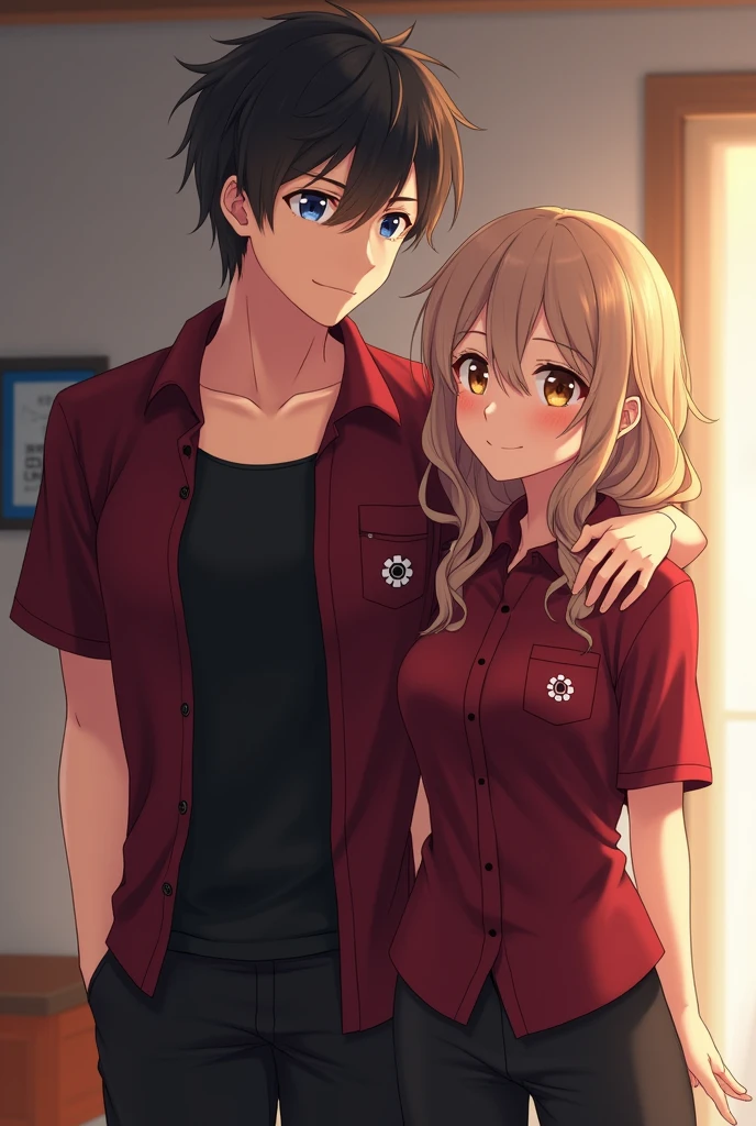 Anime couple in the bedroom. The man wears a black tank top inside, and a maroon short-sleeved shirt that is unbuttoned all over. There is a gear symbol on the left pocket of the shirt. He wears black long pants.