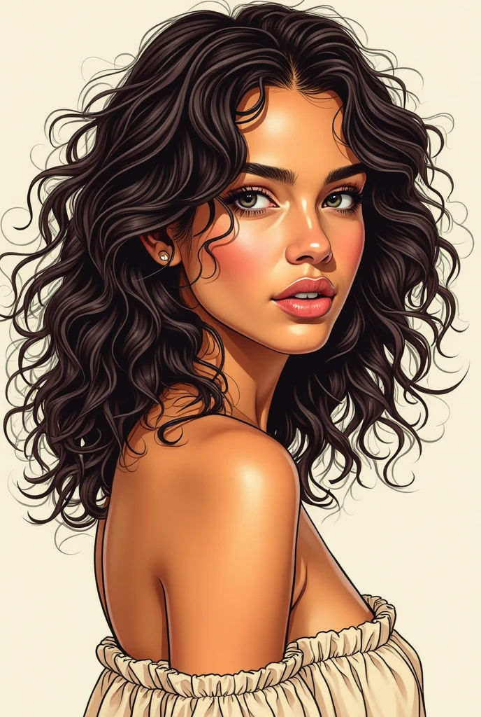 create a line art with kooleen's art style (semi-realistic style) featuring a typical golden-toned darkskin brazilian girl in 3/4 angle and make it look like a thirst trap