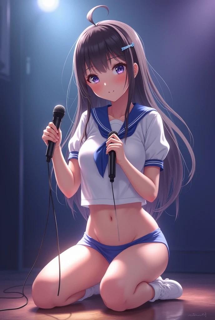 japanese cute yo idol,(bottomless),white sailor uniform,show off urethra,spread legs with knees up,flat chests,ロングヘアー,holding microphone,singing,smile,sweaty,close-up groin,ベレー帽,masterpiece,raw photo,ultra res,realistic,detailed eyes and face,stage light