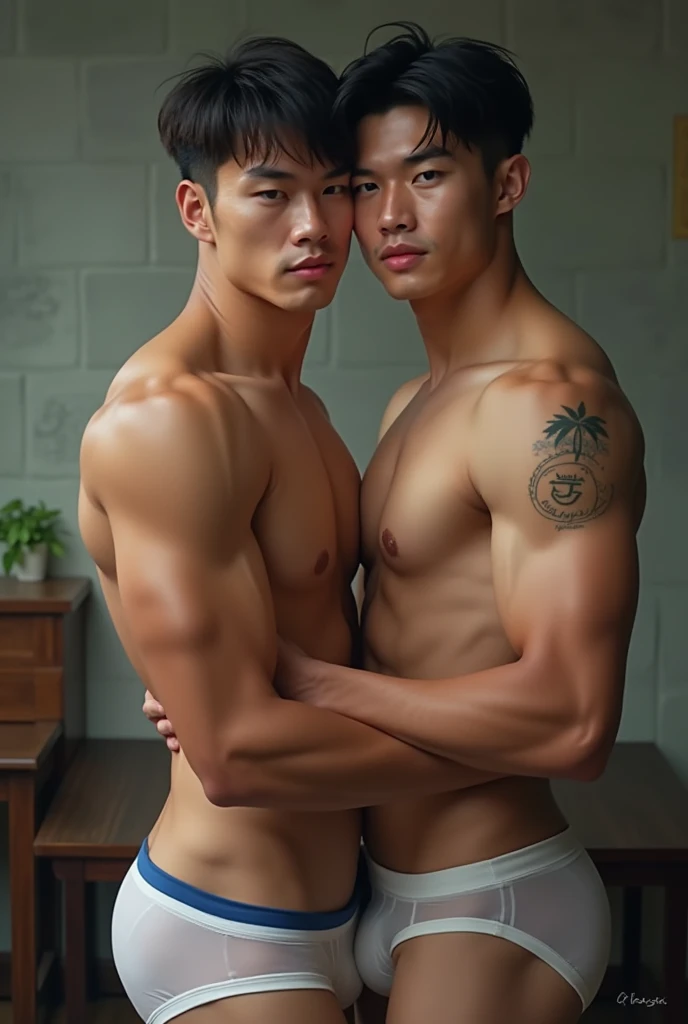2 handsome chinese guy cuddling, romantic , manly，super realistic, tall, 20 years old，strong sport body, sexy , detailed muscles, Inspired by Bian Shoumin, Inspired by Xiao Yuncong, yihao ren, yanjun cheng, jinyiwei, inspired by Huang Gongwang, xintong chen,  wearing no shirt and shorts, naked big chest abs , big chest abs, white transparent boxer, see through cloth, super sexy,, Gorgeous wet transparent clothes,, short sleeves, thong, g string bikini, jockstrap, skiny wear, Wearing transparent underwear, big bulge, nice bulge shape,big juicy butts,  bare butts, naked butts, long big dick masturbate, correct dick shape, open legs, Dark blue decorative clothing，yakuza male tattoo, handsome male，Highest resolution，Muscles look good，hairy body，Wheat complexion，blue eyes（thin eyes 1：3），whole body image, class room background, full  detailed background, beautyfull clear light, look at the viewer , catching eyes, smirt smile, 