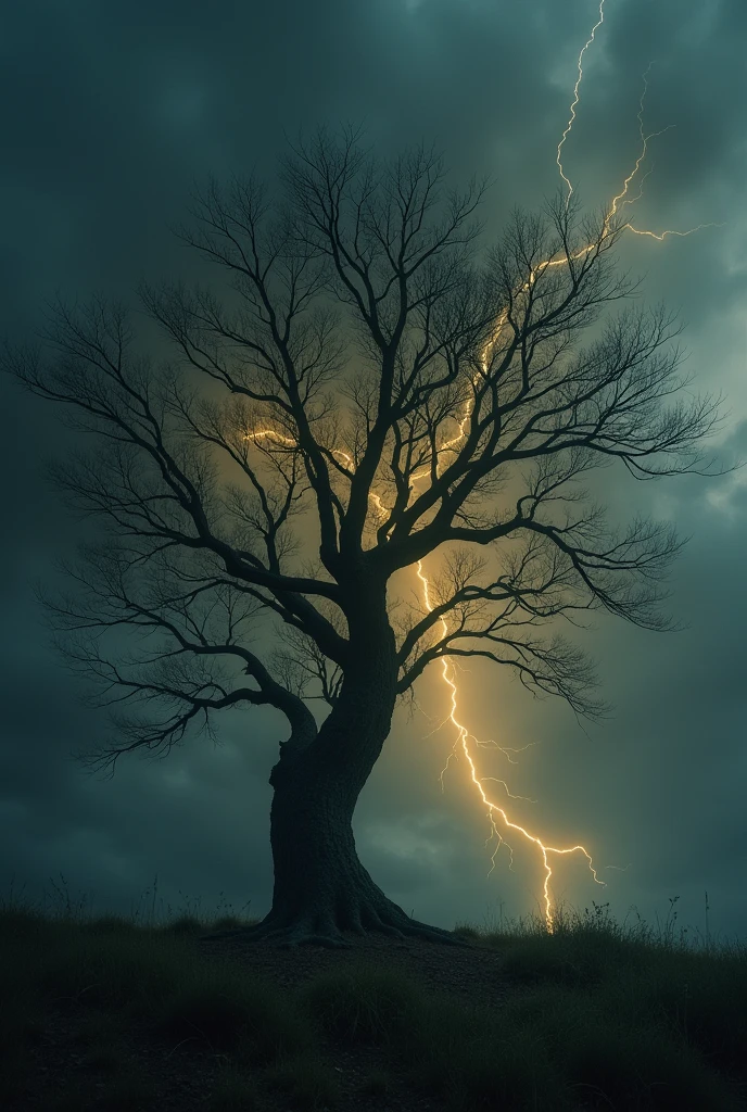 A dark, overcast sky with yellow lightning streaking through the clouds that resemble the branches of the Elden Ring tree.