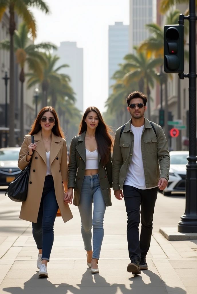 Two Korean women and one Korean man walking around Beverly Hills