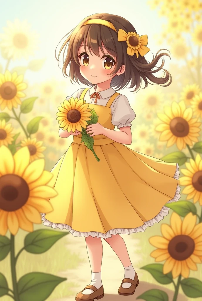 With a girl, Little、sunflower, , Medium pastel yellow white, Luxury Fabric, Dithering, Widespread,Viewer Lucky Brown,In dresses、、There are no protrusions on the head、There are no protrusions on the head、