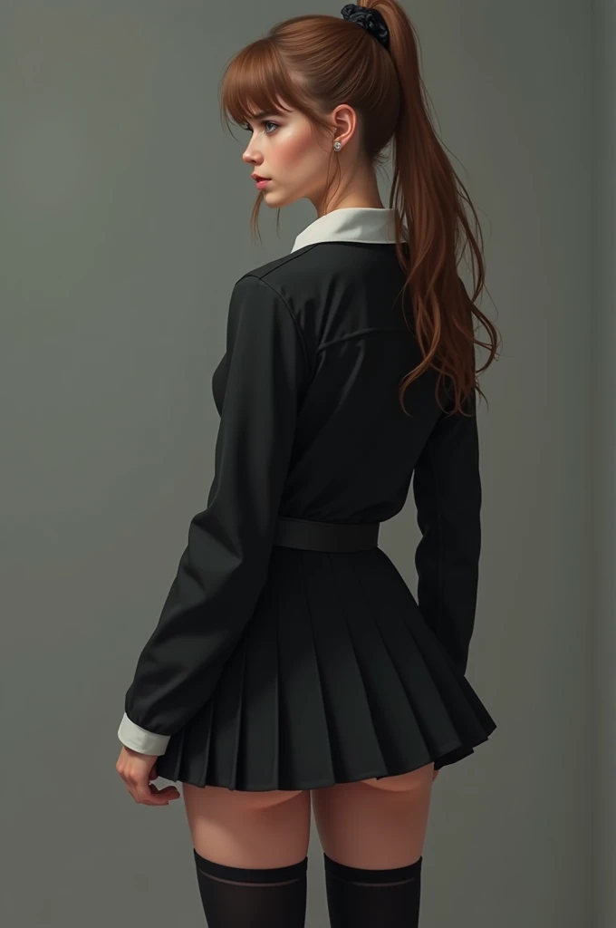 Create a white girl with a ponytail, with all black school uniform. with skirt and black stockings, that her thighs are visible a little, sexy