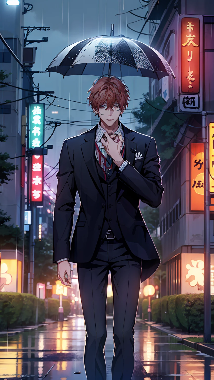 1 young man, male photo, business suit,melancholy look,night city,in Tokyo city,raining,high quality, best quality, masterpiece, 8K