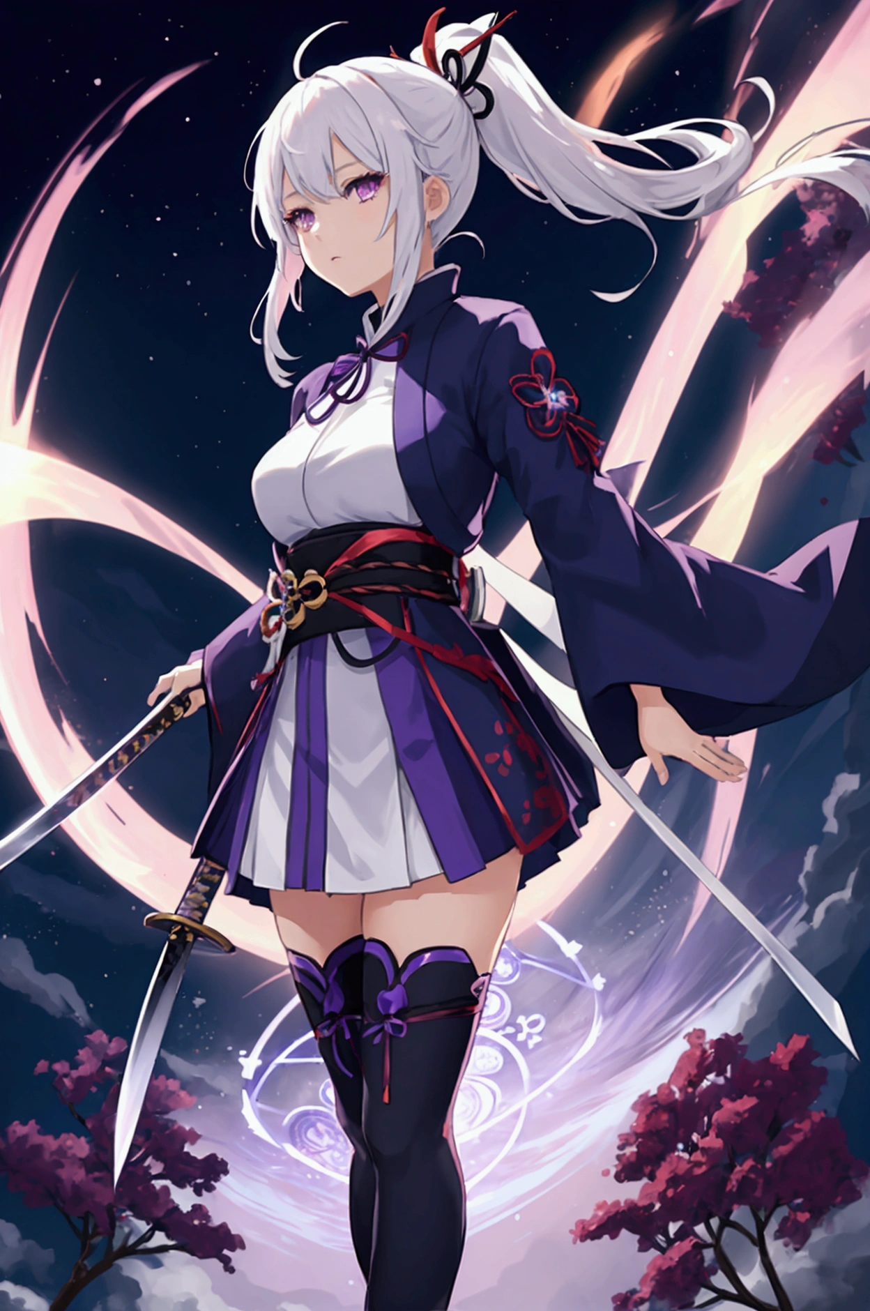 1girl, japanese clothes, ponytail ,white hair, purple eyes, magic circle, blue fire, blue flames, wallpaper, landscape, depth of field, night, light particles, light rays, sidelighting, thighs, fate \(series\), genshin impact, ****, open jacket, skirt, thighhighs, cloud, red katana