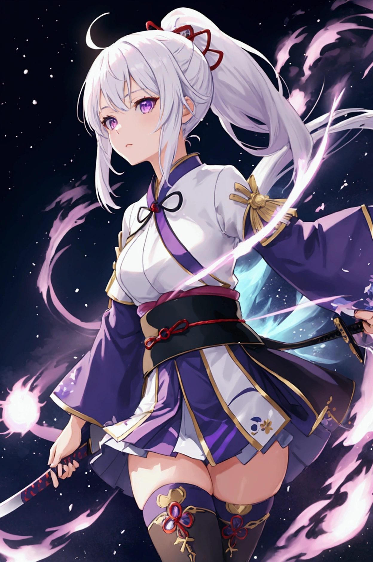 1girl, japanese clothes, ponytail ,white hair, purple eyes, magic circle, blue fire, blue flames, wallpaper, landscape, depth of field, night, light particles, light rays, sidelighting, thighs, fate \(series\), genshin impact, ****, open jacket, skirt, thighhighs, cloud, red katana
