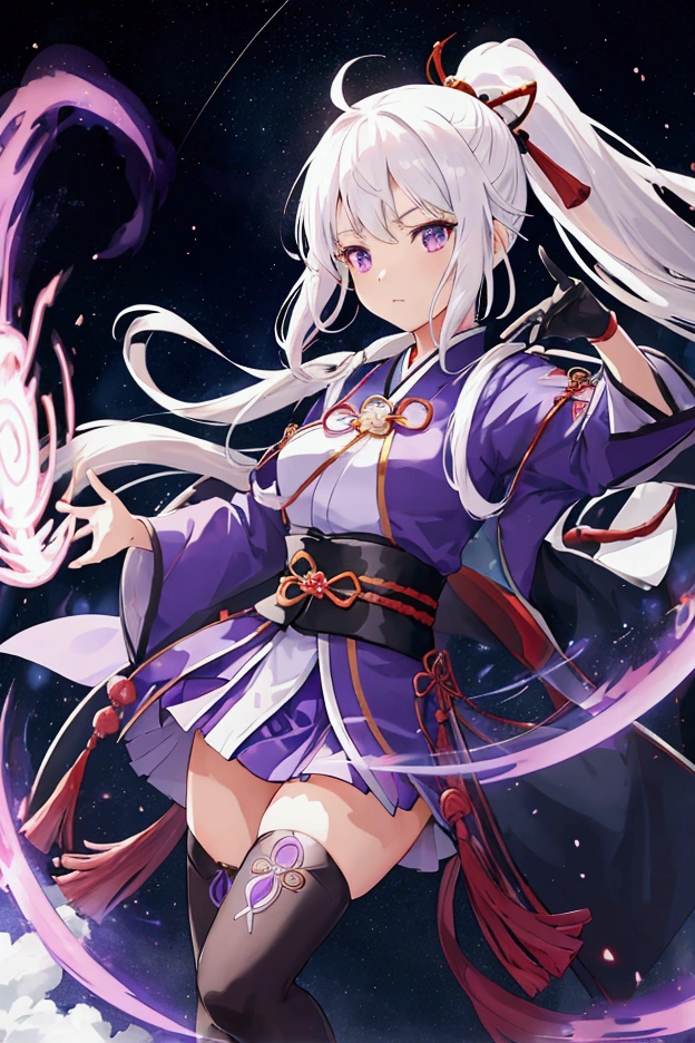 1girl, japanese clothes, ponytail ,white hair, purple eyes, magic circle, blue fire, blue flames, wallpaper, landscape, depth of field, night, light particles, light rays, sidelighting, thighs, fate \(series\), genshin impact, ****, open jacket, skirt, thighhighs, cloud, red katana