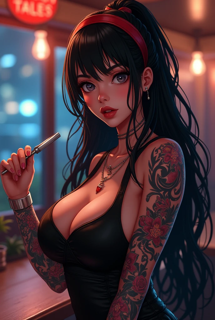 8k photo portrait of a stunning woman with, full body tattos wearing a score_9, score_8_up, score_7_up, score_6_up, source_anime, 1girl, solo, luvelia, black hair, long hair, hairband, large breasts, white apron, naked apron, from side, indoors, cafe, blush, open mouth, looking at you, surprised, perfect finger perfect eye perfect lips and hair,spatula acrylic, 4k, night vibrant colors.