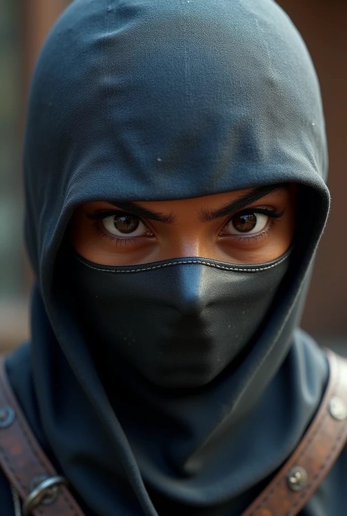 show the picture of the face and shoulder of an unknown ninja in 3d cartoon, on his face he has an iron mask with scratches 