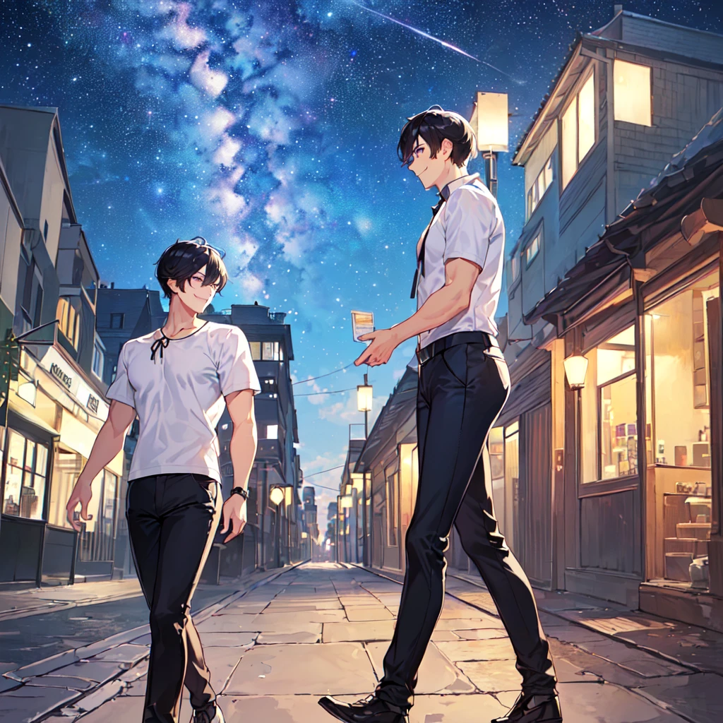 masterpiece,best quality,high quality,(1 male austere handsome solo adult age 30 years old:1.5), purple eyes, cool with suspended eyes, V-shaped eyebrows, body strong and fearless 8.5 head tall, height 185cm, (well-groomed black short hair down to neck:1.4), (bangs 7 thirds parted:1.4), slender nose, facial muscles, throat, (short sleeves and pants in summer fashion:1.3), (walking:1.3), (stylish pose), (cool smile:1.3) , (looking at city from summer hill: 1.3), (Milky Way Night Sky:1.3)