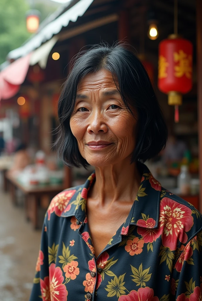 (photorealism:1.2), photo of an asia old woman 70yo with wrinkles, black shoulder length wet hair, slightly chubby, slightly dark skin and wearing soft pink shirt. background is traditional market virtual rendering, vray, highly detailed, cinematic Full HD 225K, 3D, Ultra Realistic, hyper photorealistic, 128K, Digital graphics, beautiful graphics. High quality 64k, K UHD, K HDR, 10,000+ HQ, 240FPS photos, by Greg Rutkowski, by Alphonse Mucha