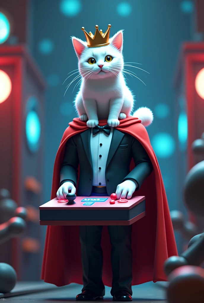 Create a Roblox character image with a white cat controlling a human body through the head through an arcade machine dressed in a suit, a crown and a royal cape.