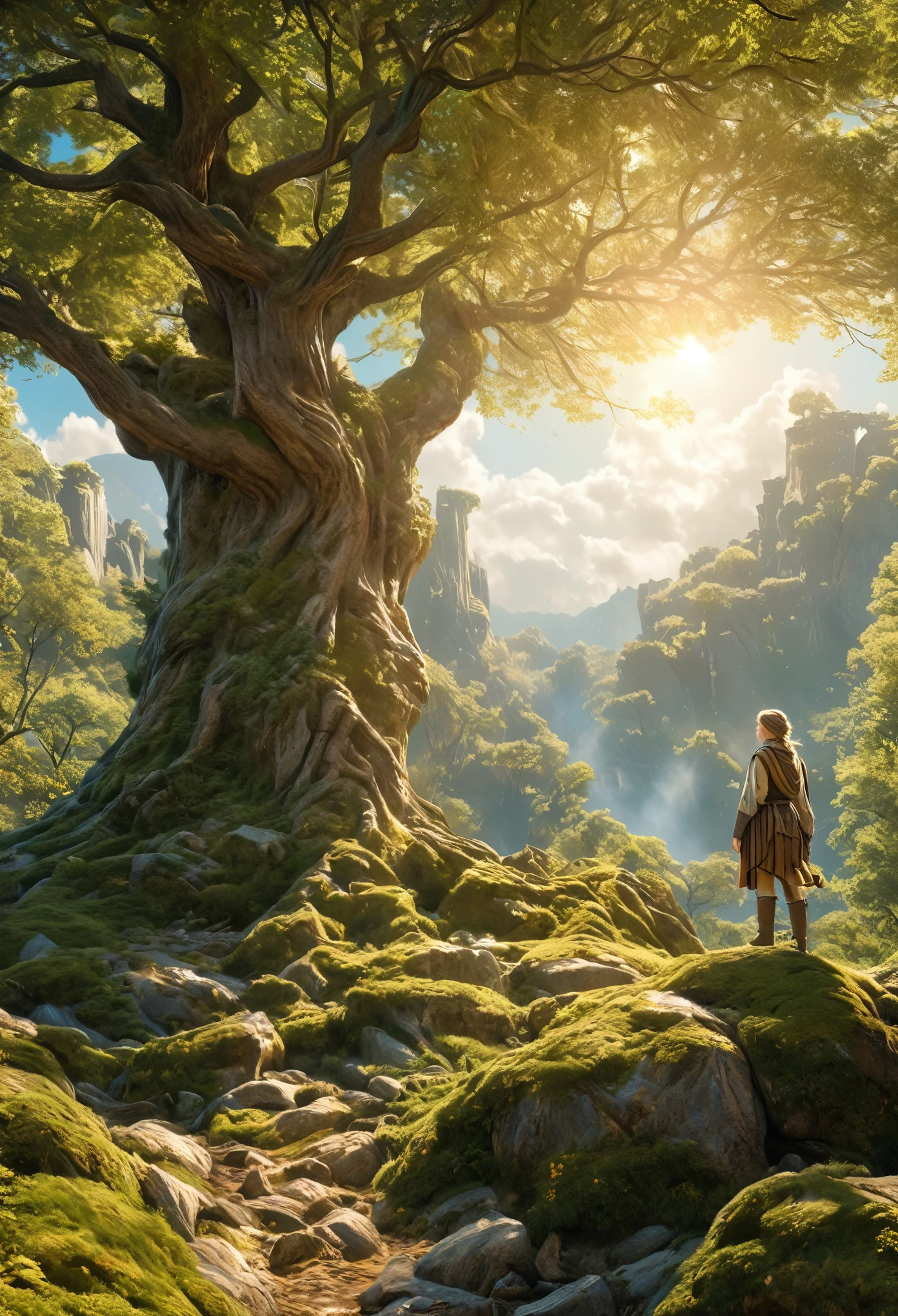 16K, Extensive details, ((Intricate details))) Vast Sky,Many trees with intertwined trunks々Field,Beautiful sky,Level 15,Rocky surface, (Realistic), art (((Claude Lorraine))), J.R. Tolkien type [Sharp focus], (High resolution), (8k), (Gigapixel), (masterpiece), A beautiful elf girl standing, (best quality,4k,8k,highres,masterpiece:1.2),ultra-detailed,(realistic,photorealistic,photo-realistic:1.37),