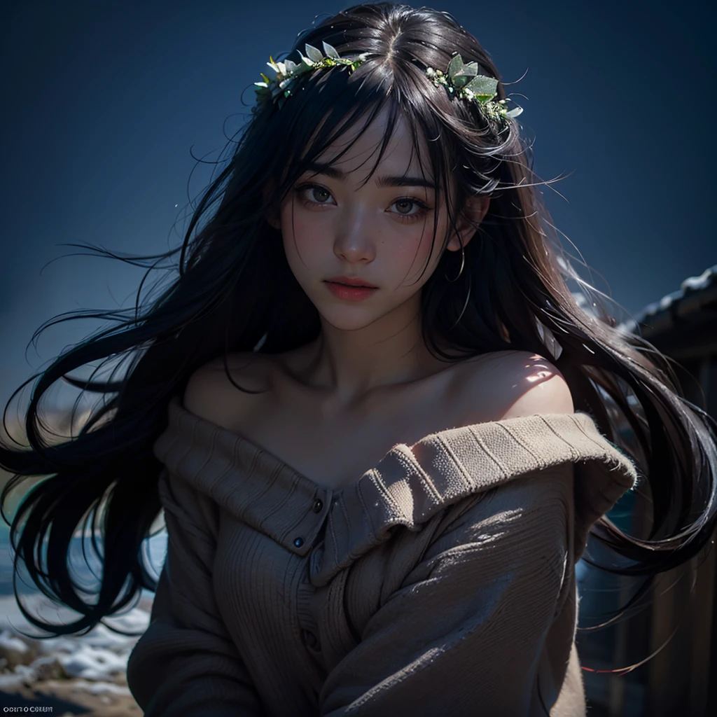 Best quality, masterpiece, ultra high res, (photorealistic:1.4), raw photo, 1girl, offshoulder, in the dark, deep shadow, low key, cold light