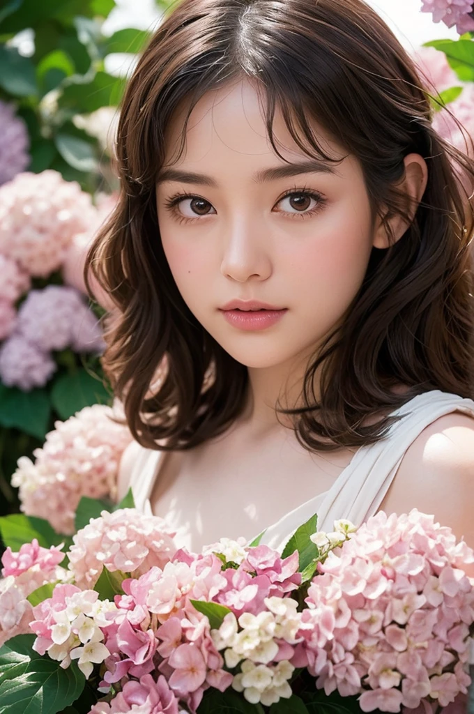Here is the generated prompt: A close-up shot of the woman in a soft-contrast dreamy scene, enveloped in a delicate pink fabric wrap with gentle folds and subtle glow, her fair skin and curly brown hair (with bangs) illuminated by this ethereal enshroudment as she slumbers amidst plush hydrangea petals. Brushstrokes whisper pinks, whites, and lilacs, weaving a tapestry of serenity and tranquility. The subject's soft features, adorned with curls and subtle pink hue, are set against a lush verdant background, evoking peaceful reverie.