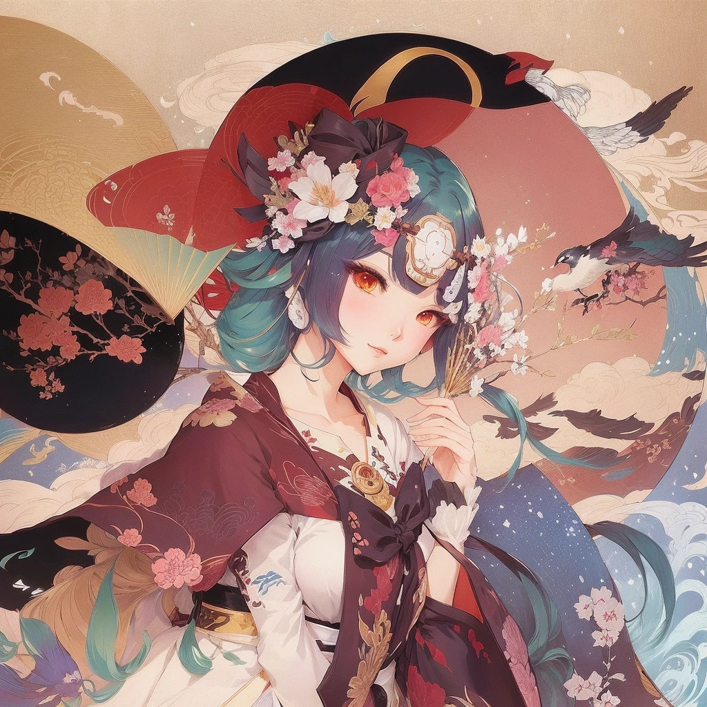 Anime girl with fan and bird in background, Beautiful artwork illustration, Anime fantasy illustration, Anime Graphic Illustration, beautiful Anime artwork, Anime illustration, Korean Art Nouveau Animation, Gweiz-style artwork, Anime artwork, The Detailed Art of the Onmyoji, Anime fantasy artwork, Touhou Project official artwork, In the Ukiyo-e art style