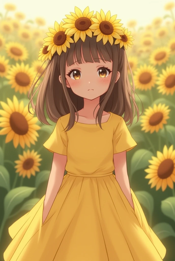 With a girl, 、sunflower, , Medium pastel yellow white, Luxury Fabric, Dithering, Widespread,Viewer Lucky Brown,In a yellow dress、、There are no protrusions on the head、There are no protrusions on the head、