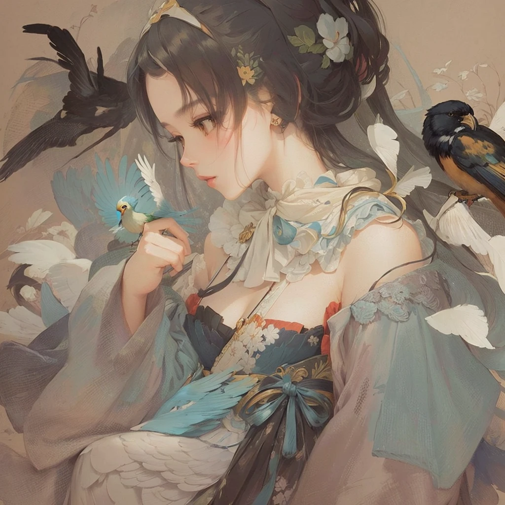 A woman with a bird on her shoulder and a painting of a woman with a bird on her shoulder, artwork in the style of Gwaiz, Gwaiz, by Shimo, Gwaiz on pixiv artstation, Gwaiz on artstation pixiv, Digital art on Pixiv, Jan J, Beautiful anime artwork, By Chen Jill