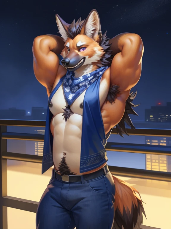 solo, anthro, furry, furry male, maned wolf,((short fur,furry, smooth fur)), (maned wolf black print, black forelegs and forearmst), black pupils, ginger body, black fur, purple eyes, tail, tail, detailed fur, detailed face, detailed eyes, bare chest, (Jean vest, blue neck bandana), balcony, (by null-ghost,by raccoon21, masterpiece, high quality, hi-res, 8k, hd), standing,close-view portrait, looking at viewer, night, sassy expression, seductive, flexing, hands behind head, swimmer build maned wolf man, long and thin arms and legs, black nipples, pierced nipples, mid 20s, arrogant, grinning, sharp teeth, armpit hair, happy trail