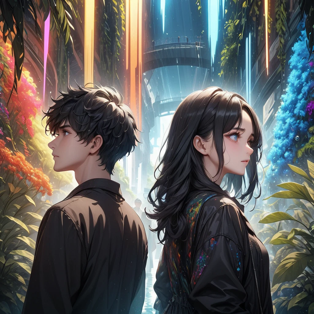 Highest quality, 4k wallpaper, 8k, ultra-high resolution, masterpiece, highly detailed CG, highly detailed eyes, ultra-detailed, complex details, public, 1:1, one 19-20 year old woman (long black hair, slim) and one 19-20 year old man, a lonely woman and man standing back to back in the center, a shy and lonely woman looking up as they stand back to back, neon pop abstract art style, abstract plant art, public, highly detailed flow of bubbles, dynamic art, cinematic lighting