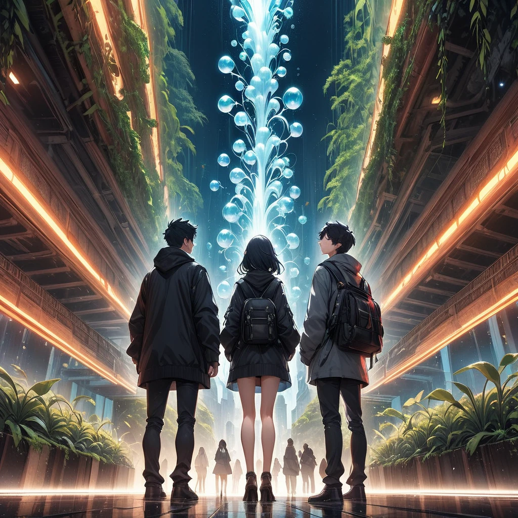 Highest quality, 4k wallpaper, 8k, ultra-high resolution, masterpiece, highly detailed CG, highly detailed eyes, ultra-detailed, complex details, public, 1:1, one 19-20 year old woman (long black hair, slim) and one 19-20 year old man, a lonely woman and man standing back to back in the center, a shy and lonely woman looking up as they stand back to back, neon pop abstract art style, abstract plant art, public, highly detailed flow of bubbles, dynamic art, cinematic lighting