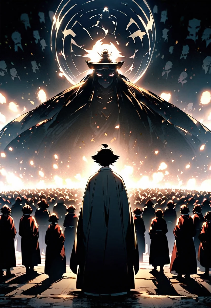 Ishikawa Goemon standing in front of a crowd。There is a person behind him々are gathering、Everyone is looking up to him。Goemon's appearance、He exudes heroic dignity and charisma.。