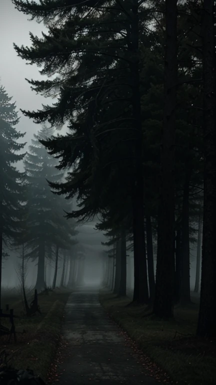 Create a scary horror picture demon fog house trees dark
