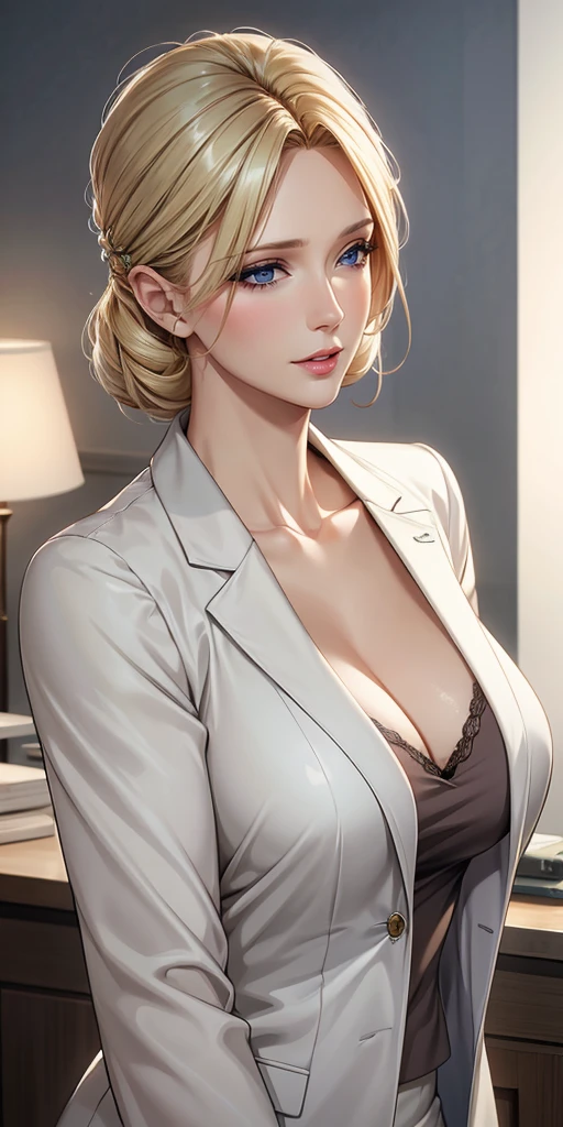 Elegant mature woman, milf, blue eyes, blonde hair, soft light, 4k resolution, high quality, beautiful cg