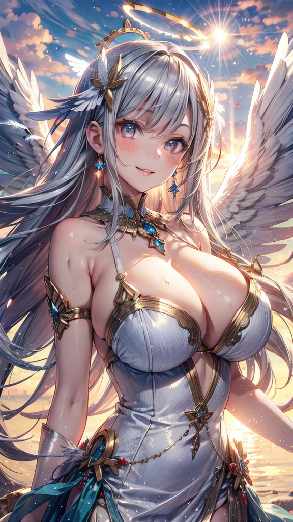 Particles of light, (Dazzling Light:1.2),(1 Angel Girl:1.2),26yo,Nice, Adult face,Beautiful Face, (Face close-up:1.1),Big Breasts(Large Breasts:1.2),Big angel wings.,Angel wings growing(Giant angel wings:1.2),(Cute Smile:1.2), pink gold long hair, Silver Eyes, Detailed eyes, (Huge bright halo:1.2),(Decorative halo:1.2),Face close-up,(Putting jewelry in your hair:1.2), (hair ornaments:1.2),(Dress Sparkle:1.2),(Detailed decoration on the dress:1.2),(Reflection of the dress:1.2),(A strong wind is blowing), fly in the sky, , (dawn:1.2), (Heaven in the background:1.2), Huge sky, cloudy,(Light of the sun:1.2), (Lens flare:1.2), (Many silver feathers are flying:1.2), ,(white dove flying:1.2),Perfect Anatomy,Accurate anatomy,Sexy pose,Various poses