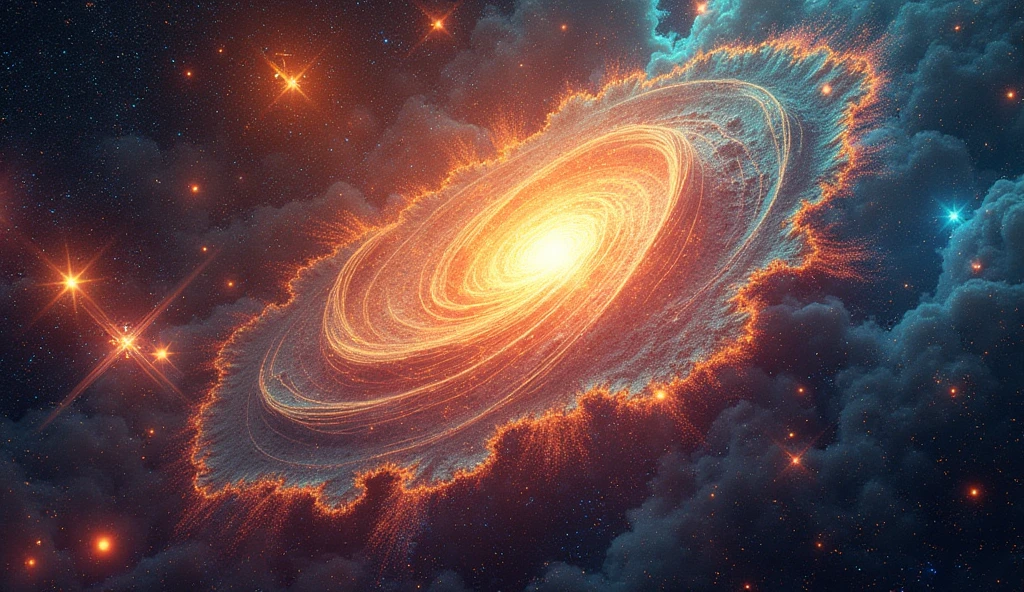 “Album cover art for ‘Amor Divina’ by Marcelo Semedo. The design features an intense, high-energy cosmic scene filled with vibrant, swirling galaxies and radiant stars. The universe is portrayed in full motion, with colors bursting and colliding aggressively. The artwork embraces a rustic and raw style, with textures that evoke a sense of unrefined power. A powerful aura surrounds the scene, blending divine energy with an untamed, primal force. The title ‘Amor Divina’ is integrated with a rough, glowing light, adding to the overall aggressive and dynamic atmosphere, capturing the essence of divine love fused with cosmic intensity.”