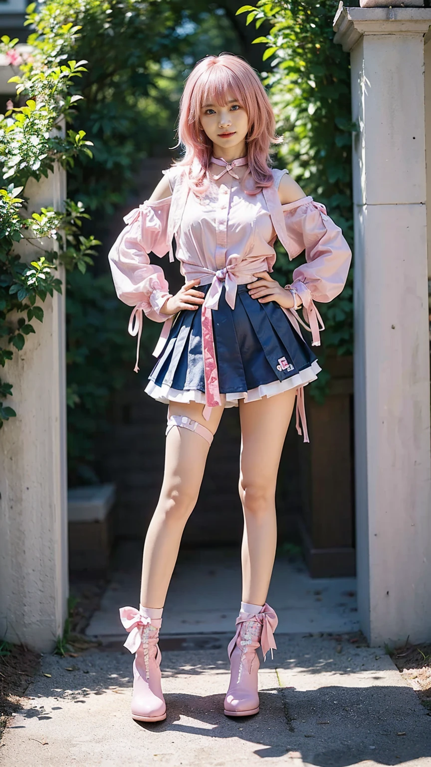 (8k、RAW Photos、Highest quality、masterpiece:1.2)、(Realistic、Realistic)、1 girl、((mini skirt、Pink Hair、Breast enlargement、boots、ribbon、Thin legs、whole body、View from the front、Looking into the camera、ribbon、garden、See-through、Stand with hands on hips))、cute