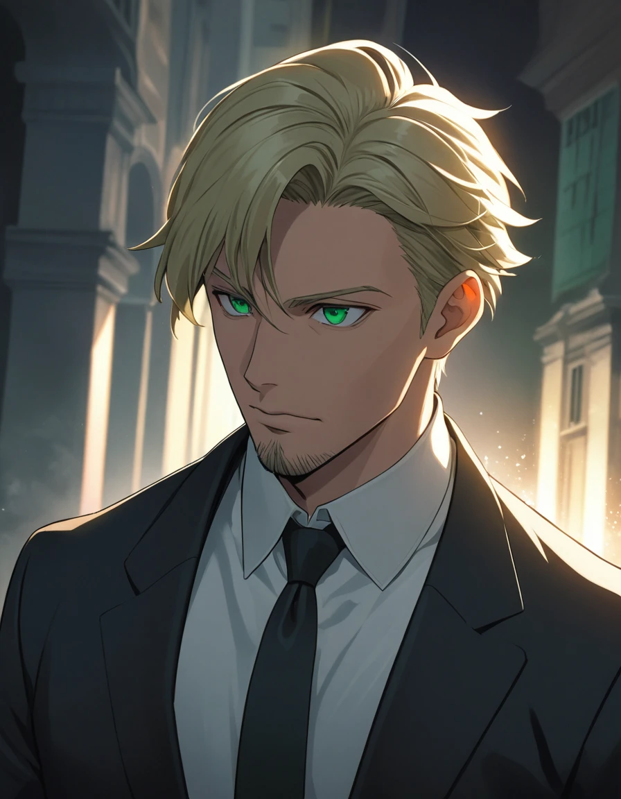 1man, man in black, vigorous mature, business hair with asymmetrical bangs, goatee, green platina blond hair, emerald eyes, BREAK 40yo, charming caucasian, slightly long chiseled face, deep set, angular jaw, facial wrinkles, crewcut, BREAK ideal ratio body proportions, middle weight muscular, beautiful detailed eyes, dark hero, best eyes, BREAK solo, funeral black suit, black necktie, white shirt, at wall street, detailed background, gloom, cool expression, natural standing, looking away, BREAK upperlegs, dramatic expression, in persona style, masculine comic art, 2010s, retro visual novel, in newest eroge style, dutch angle, cinematic shadows, cinematic lighting, lens flare, light leaks, texture, absurdres absolutely resolution, extreme all detailed, greatest painting, BREAK masterpiece, best quality
