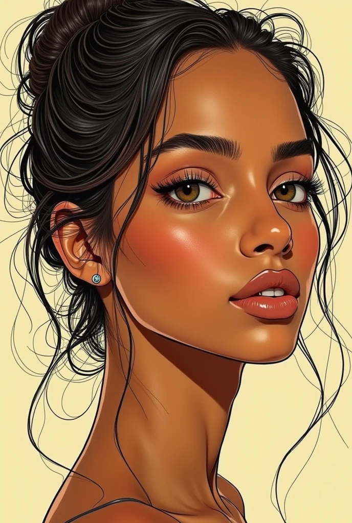 create a line art with kooleen's art style (semi-realistic style) featuring a typical golden-toned darkskin brazilian girl in 3/4 angle and make it look like a thirst trap
