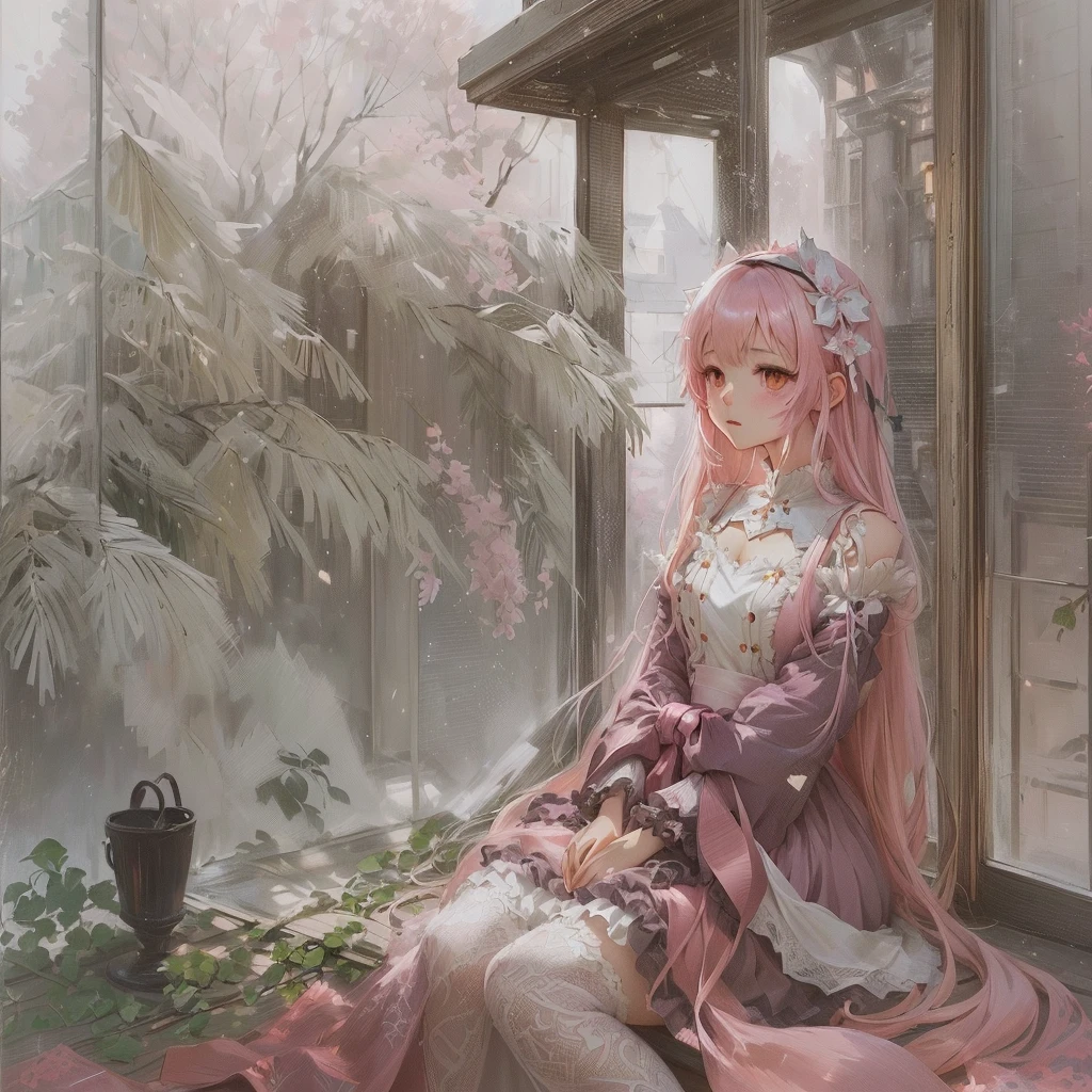 Anime girl in a pink dress sitting on a rug in front of a window, Gwaiz on pixiv artstation, Gwaiz, artwork in the style of Gwaiz, Gwaiz on artstation pixiv, Zerochan Art, Soft anime illustration, by Shimo, pixiv Contest Winner, palace , Girl in Han Dress