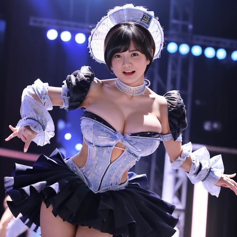 ((super high quality、High resolution、masterpiece、 Anatomically correct、Highly detailed photos、Ultra-realistic photos、 Highest quality))、View your viewers、Live Stage、Spotlight、(Cowboy Shot)、(Idol Costumes:1.2)、((One female:1.5))、(Huge breasts)、Narrow waist、Detailed face、Perfect figure、Black Hair、(Vulgar Idol、Vulgar costumes:1.2)、