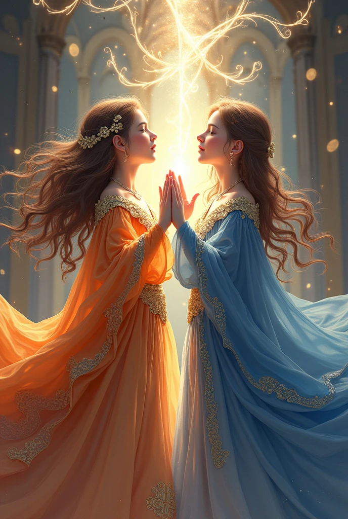 Two girls one with brown hair and orange majestic clothes and the one next to her with brown hair blue majestic clothes both sing together and use light magic. magical background. 