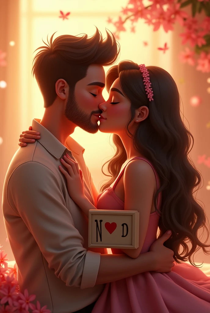 (photorealism:1.2), animated man with slight beard and woman ,sitting on man's lap , kissing, holding N ♥ D sign