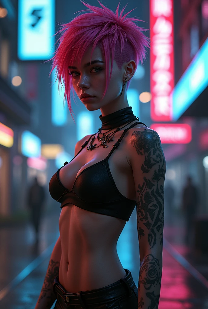 Cyberpunk girl with short hair, medium bare chest