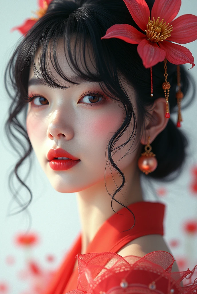 woman, Beautiful Face, perfection face, Full black hair, Pale white skin, 小さなsmile, sexy, perfection, Face zoom in, Shoot close to your face against a completely white background, 最high quality, detailed, Canon EOS 80D Photo, Tall face, indoor, (最high quality, masterpiece, Official Art, Beautiful and aesthetic:1.2), 1 girl, blonde, (hair ornaments, Earrings, flowers hair ornaments), Upper Body, Dynamic pose, Watching the audience, particle, Wind, flower, Complex background, Very detailed, (Fractal Art:1.2), colorful, (Tangled:1.2), (Abstract background:1.5), (Many colors:1.4), Pixelated fragment, Data corruption, colorful noise, Visual chaos, Contemporary aesthetics,128,000人のwomanモデル, Huge breasts, eye, ((Random short hairstyles)), High resolution, Upper Body, No background, Studio Lightning, ((High resolution, one beautiful young woman,latex （Soft Saturation：1.3）, （Fair skin：1.2）, wearing red clothes, 85mm lens,f/8.0, Background Gal, Brown Hair,　Generate hyper realistic image of a beauty portrait where shadows play a crucial role in sculpting the woman's features. Experiment with dramatic lighting、Creates interesting shadows that accentuate the contours of the face。。。. masterpiece, high quality realistic photo, Realistic raw photos, high quality, 8k, Cinematic lighting, High Contrast, Bright colors, (detailedな顔:1.2),portrait of a very Large Breasts beautiful Inran_Japanese German_beauty, Very bright backlight, wear (princess dress made of ((blue flower petals)):1.3),(transcendent beauty of a flower princess:1.3), break, perfection face,perfection eyes,HD detailed,{beautiful and detailed eyes},advanced detailed,Sharp focus,Studio shot,HD Makeup,Glitter makeup,Celebrity Makeup, (( Center image)), (HD Rendering), Calm expression, Natural soft light, Windになびく髪, Delicate features, Blunt bangs, Mahogany Sheer Salon Hair, Large Breasts, Full Bust, Huge breasts,Large Breasts,Round Breasts, Hourglass body, break, magic, magical, Fantasy, (Bright colorsとりどりのflowerの丘に囲まれた:1.2), (Bathed in a warm and magical glow:1.1), smile