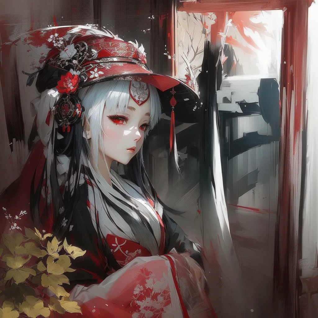 Anime girl in a red hat and a red and white dress, Zerochan Art, beautiful Anime Artwork, Onmyoji portrait, onmyoji, beautiful Anime Art, The Detailed Art of the Onmyoji, Anime Art, White-haired God, The sharp gaze of the Yuki-onna, by Shimo, Pixiv, Gwaiz, Gwaiz on Pixiv artstation