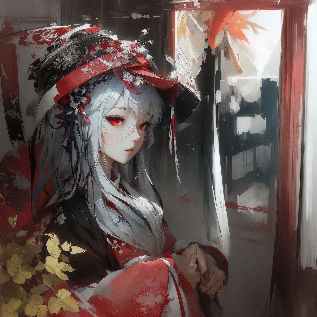 Anime girl in a red hat and a red and white dress, Zerochan Art, beautiful Anime Artwork, Onmyoji portrait, onmyoji, beautiful Anime Art, The Detailed Art of the Onmyoji, Anime Art, White-haired God, The sharp gaze of the Yuki-onna, by Shimo, Pixiv, Gwaiz, Gwaiz on Pixiv artstation